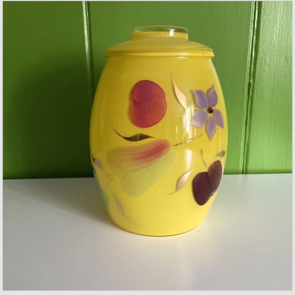 Vintage MCM Bartlett Collins Yellow Glass Cookie Jar Fruit Flowers hand painted - Picture 1 of 5